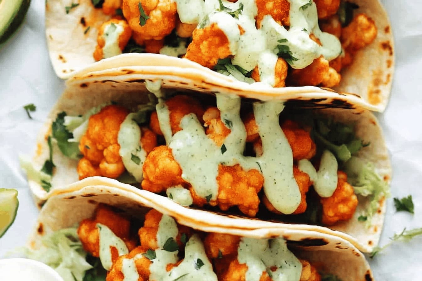 Buffalo Cauliflower Tacos with Avocado Crema