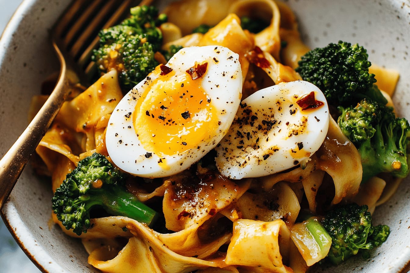 Chili Garlic Pappardelle with Broccoli and Eggs