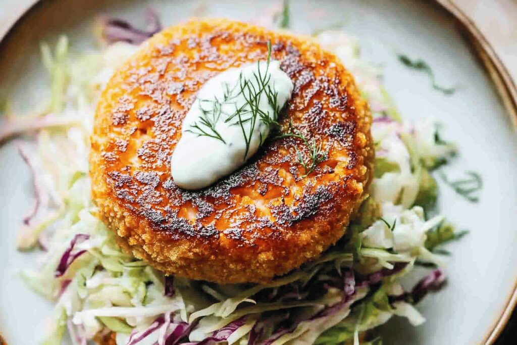 Delicious Salmon Burgers with Crunchy Slaw