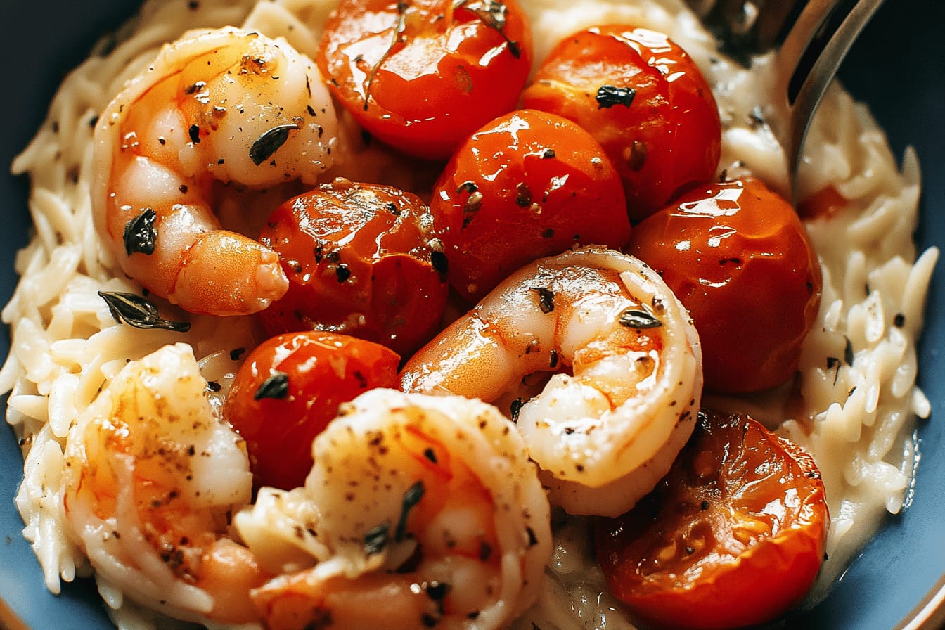 Garlic Shrimp and Tomatoes over Parmesan Orzo