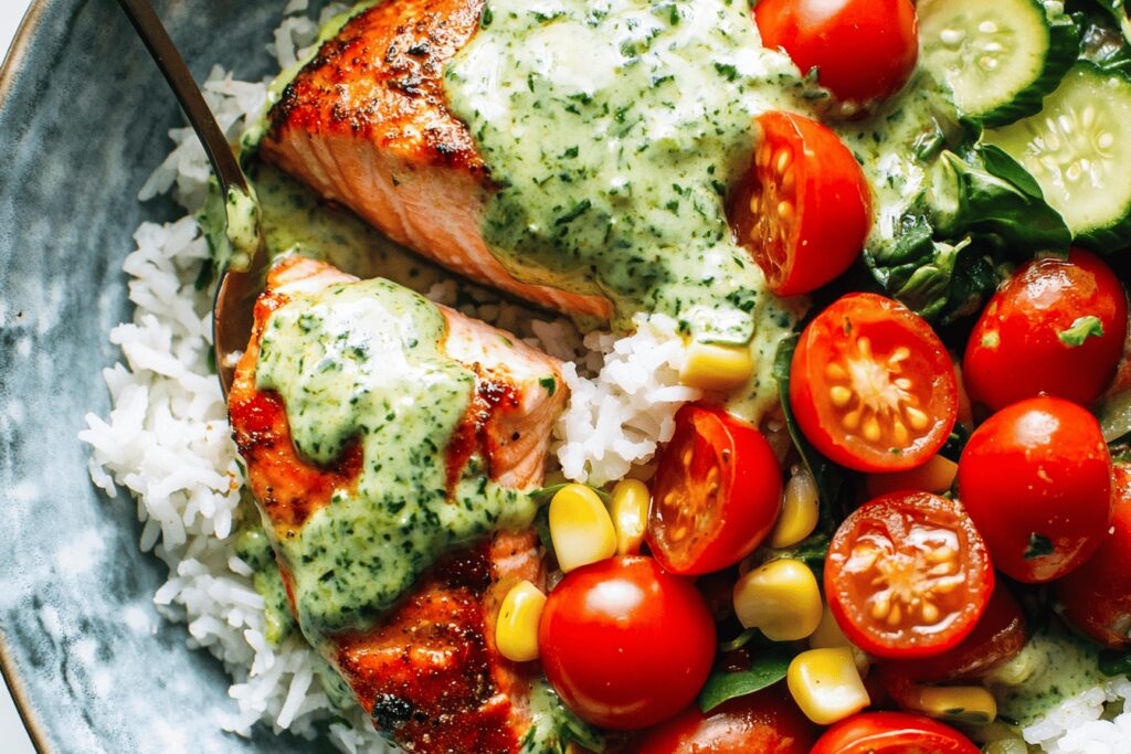 Salmon with Basil Sauce and Tomato Salad Recipe