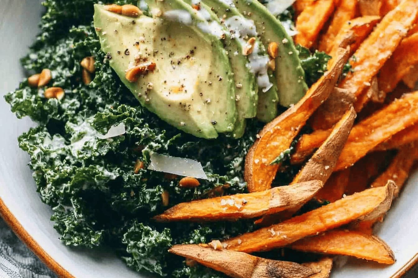 Avocado Kale Caesar Salad with Sweet Potato Fries
