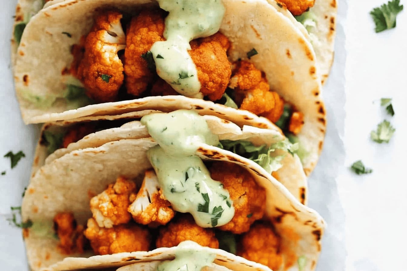 Buffalo Cauliflower Tacos with Avocado Crema