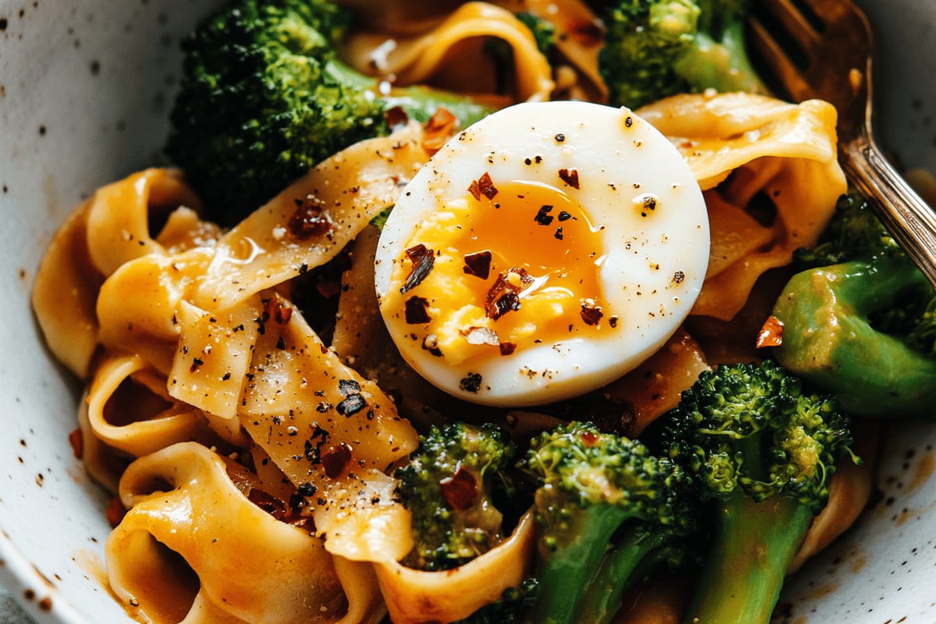 Chili Garlic Pappardelle with Broccoli and Eggs