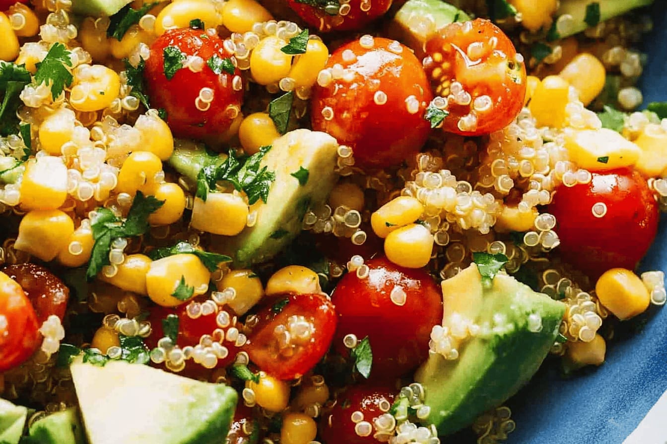 Corn Avocado Quinoa Salad with Marinated Tomatoes