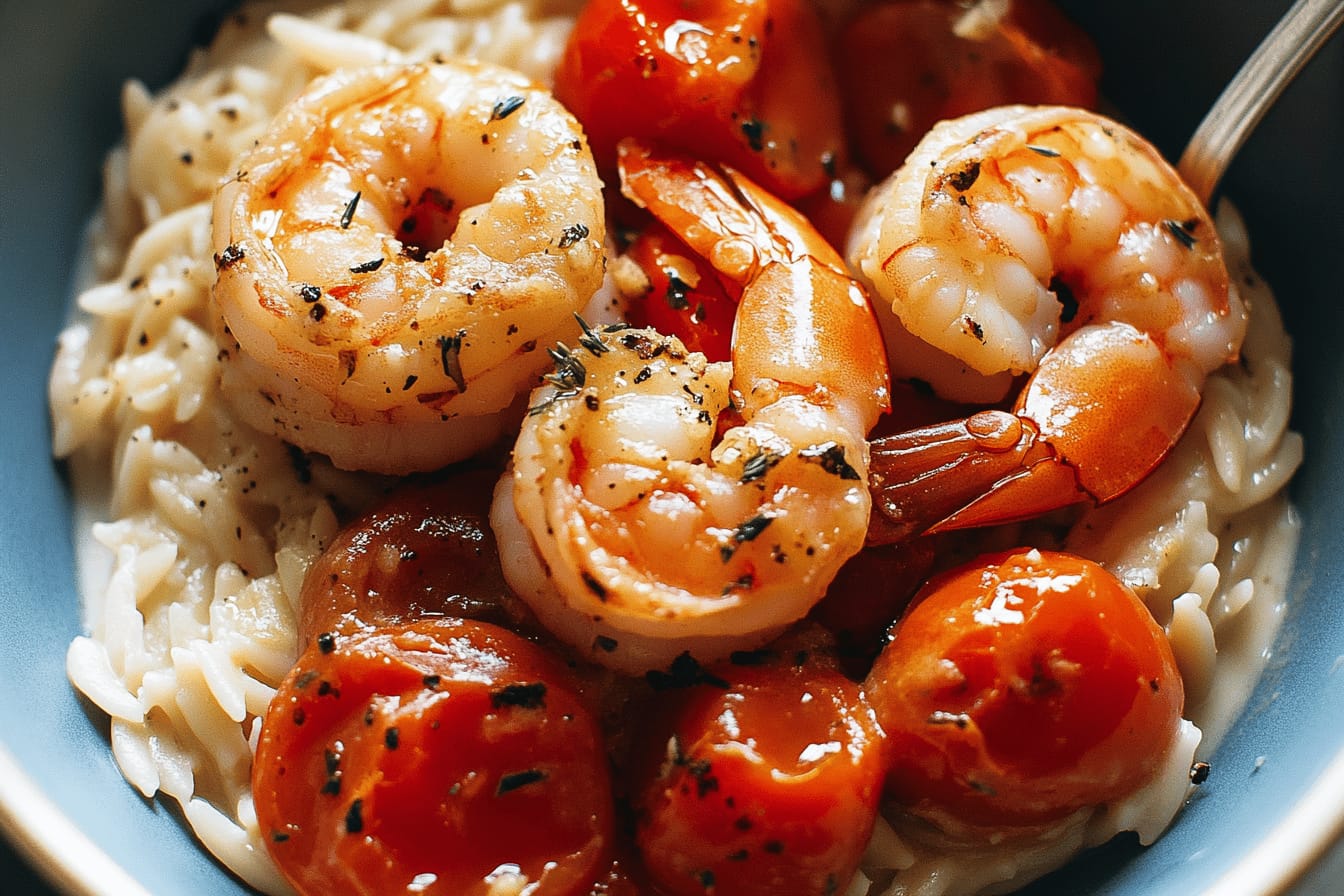 Garlic Shrimp and Tomatoes over Parmesan Orzo