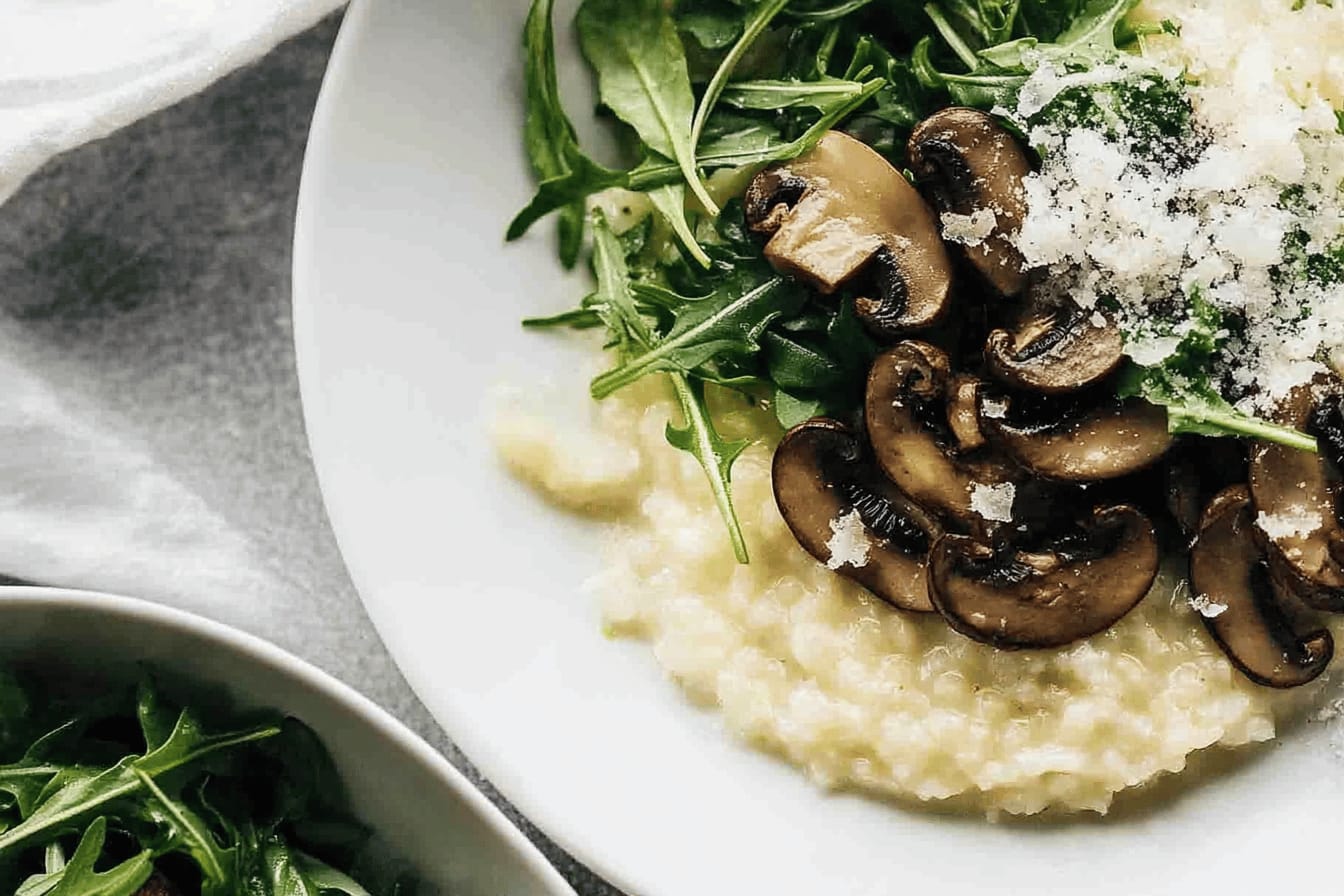 Oven Risotto with Garlic Mushrooms and Arugula