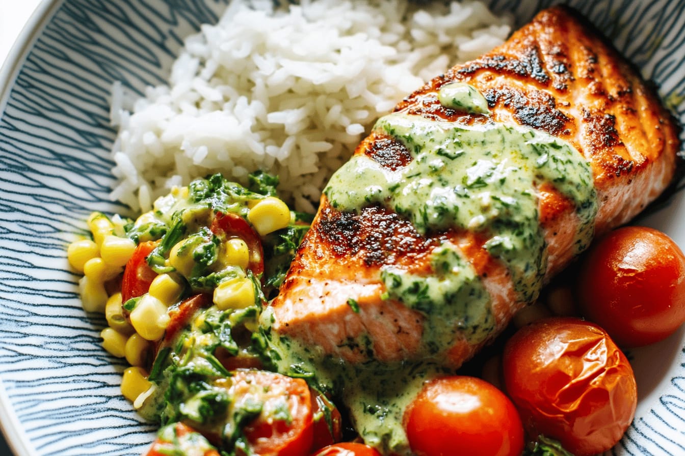 Salmon with Basil Sauce and Tomato Salad Recipe