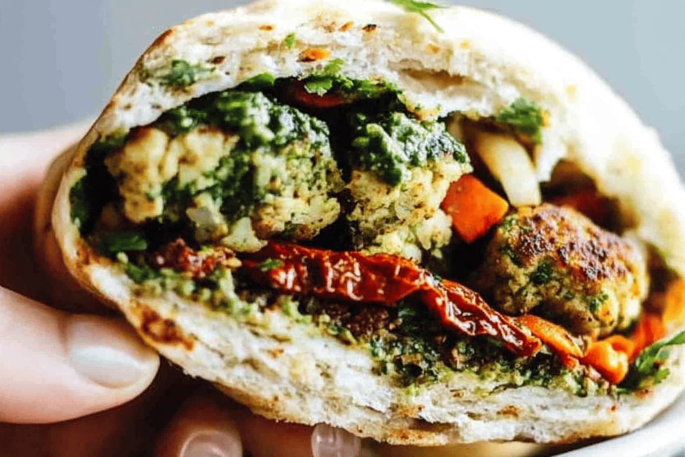 Spicy Falafel and Roasted Veggie Naan Sandwich