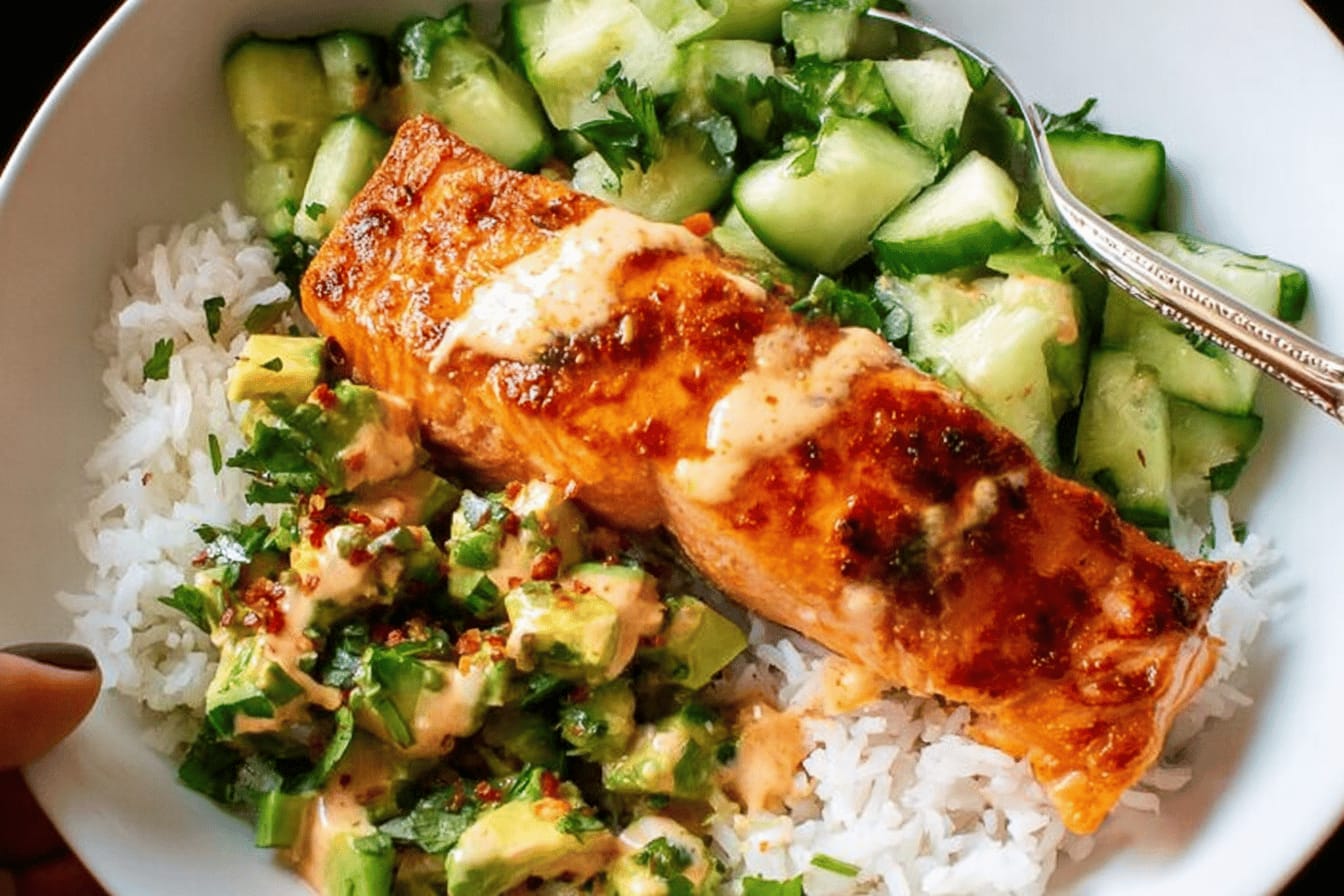 Bang Bang Salmon with Avocado Cucumber Salsa