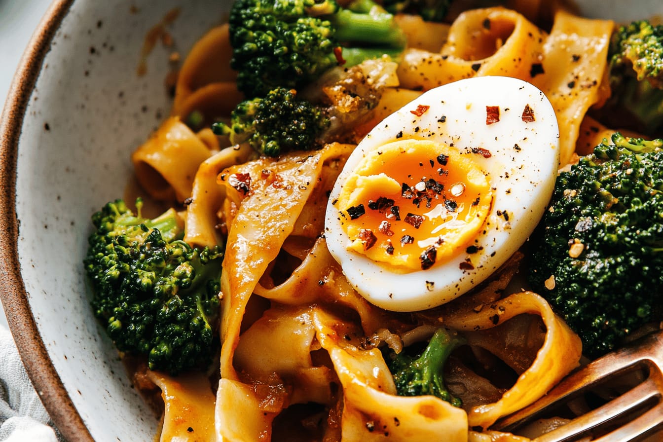 Chili Garlic Pappardelle with Broccoli and Eggs