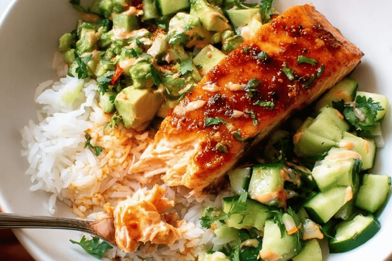 Bang Bang Salmon with Avocado Cucumber Salsa