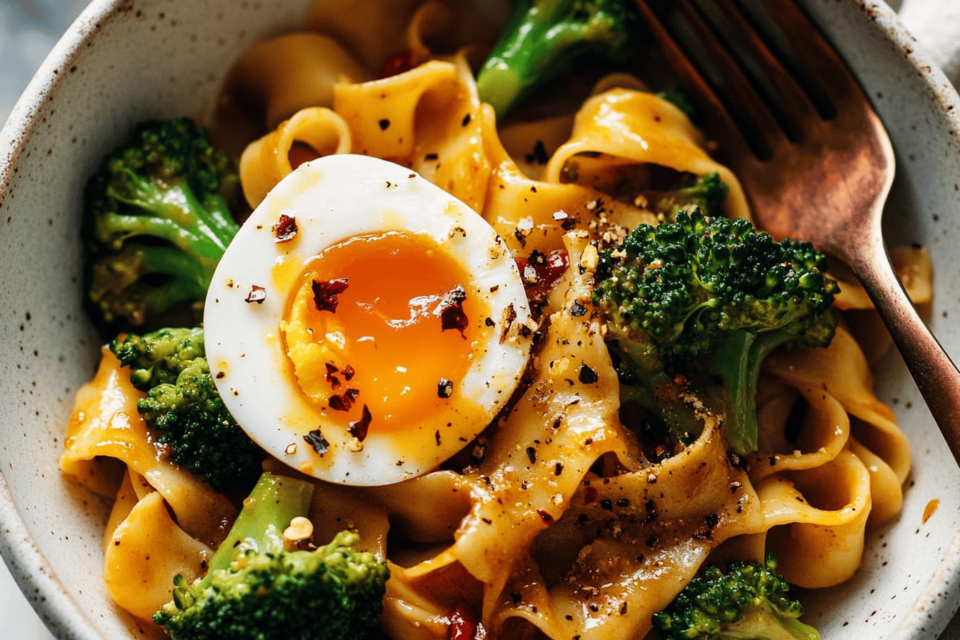 Chili Garlic Pappardelle with Broccoli and Eggs