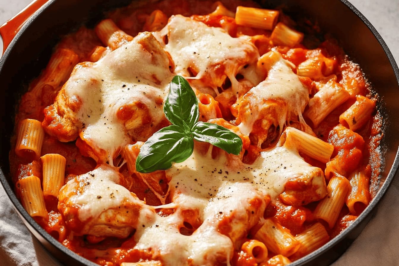 One-Pan Chicken Parmesan Pasta Skillet Recipe