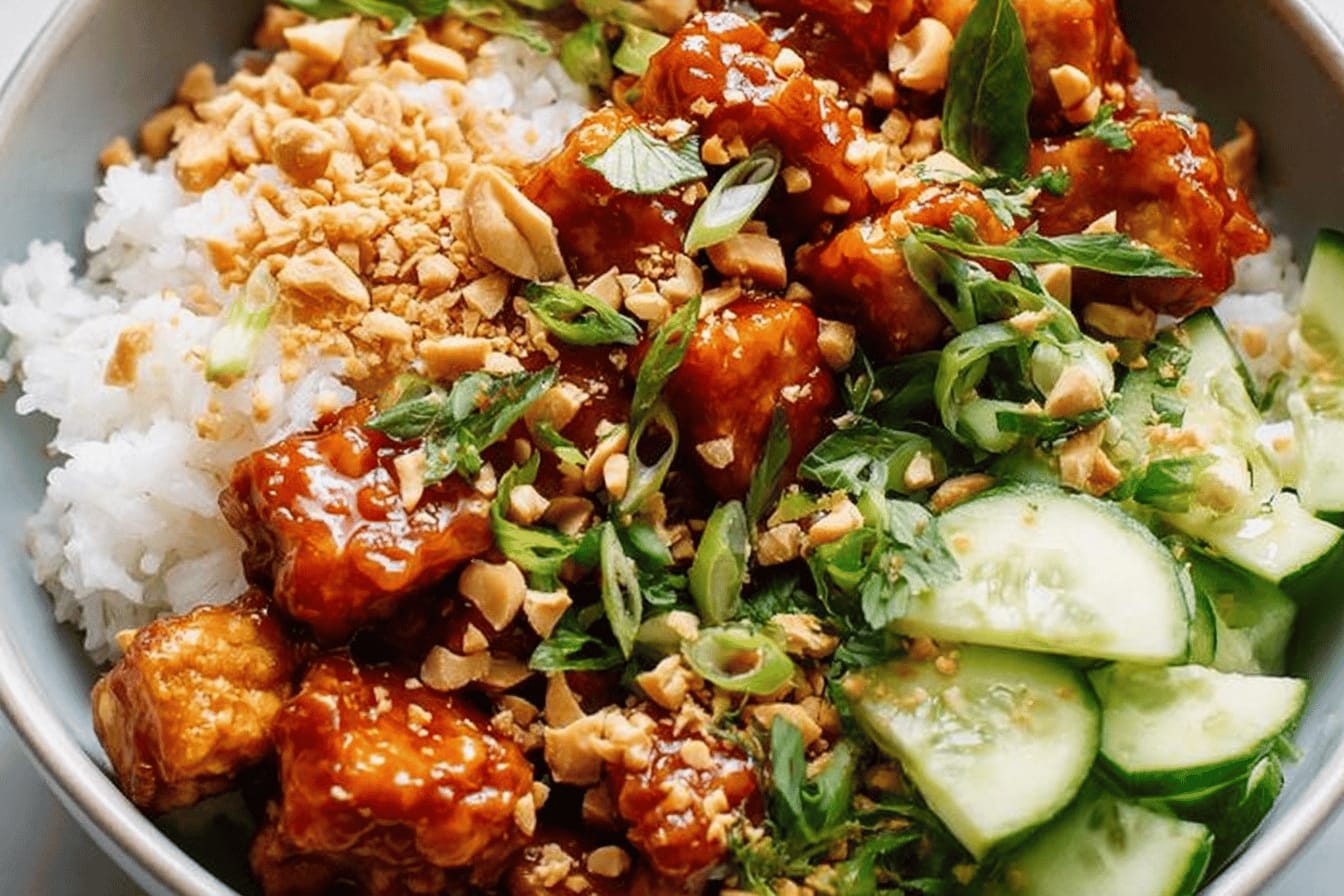 Sticky Gochujang Tofu with Herbs and Peanuts