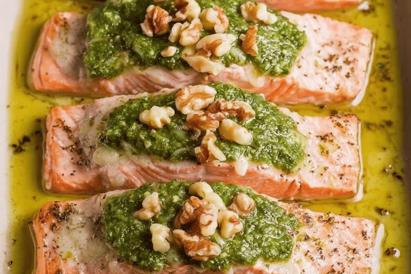Baked Salmon with Basil Walnut Pesto Recipe