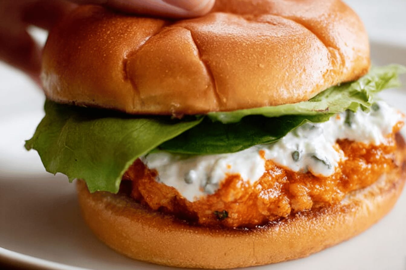 Buffalo Chicken Burgers with Whipped Feta Spread