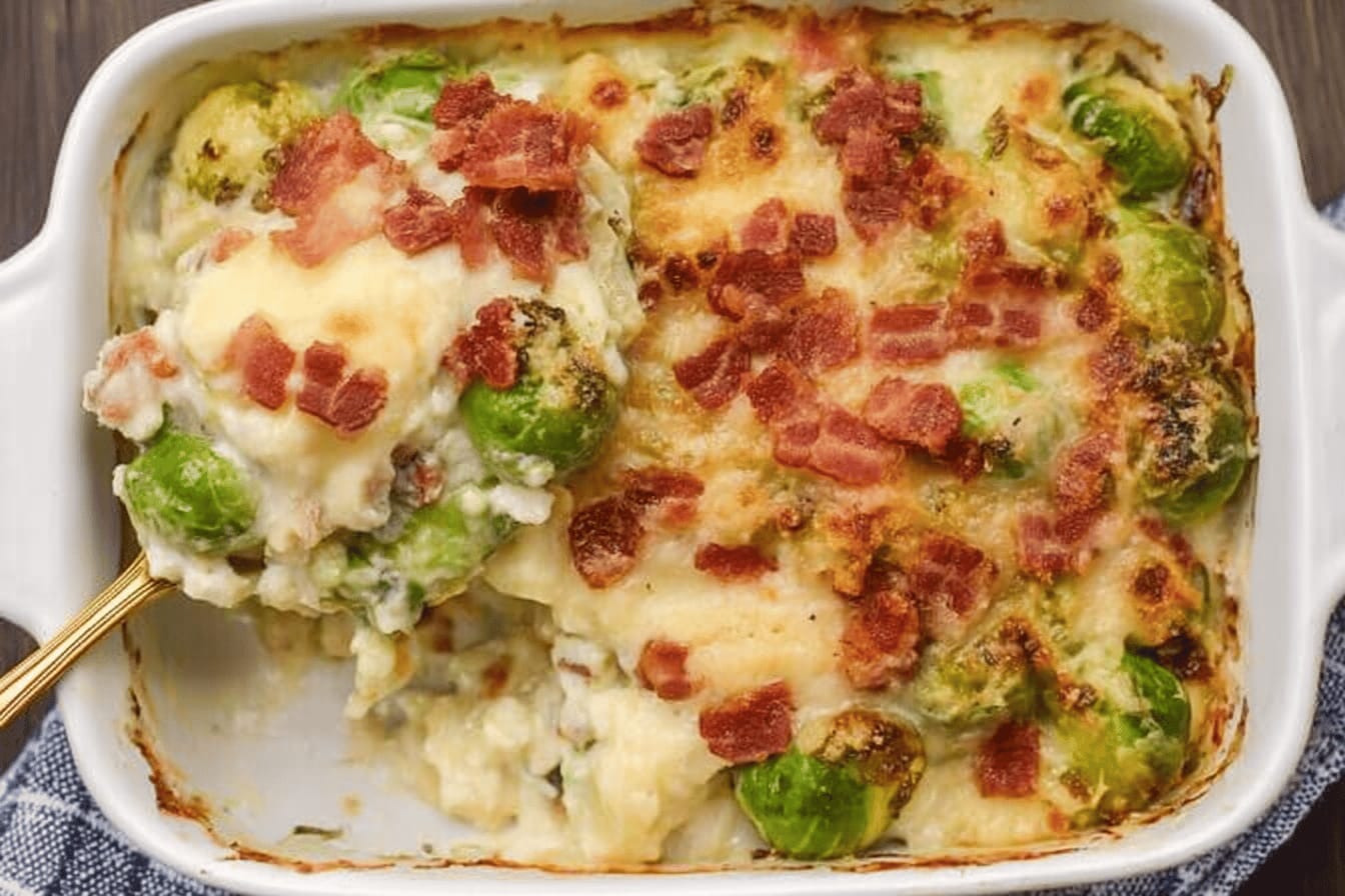Creamy Brussels Sprout Gratin with Bacon