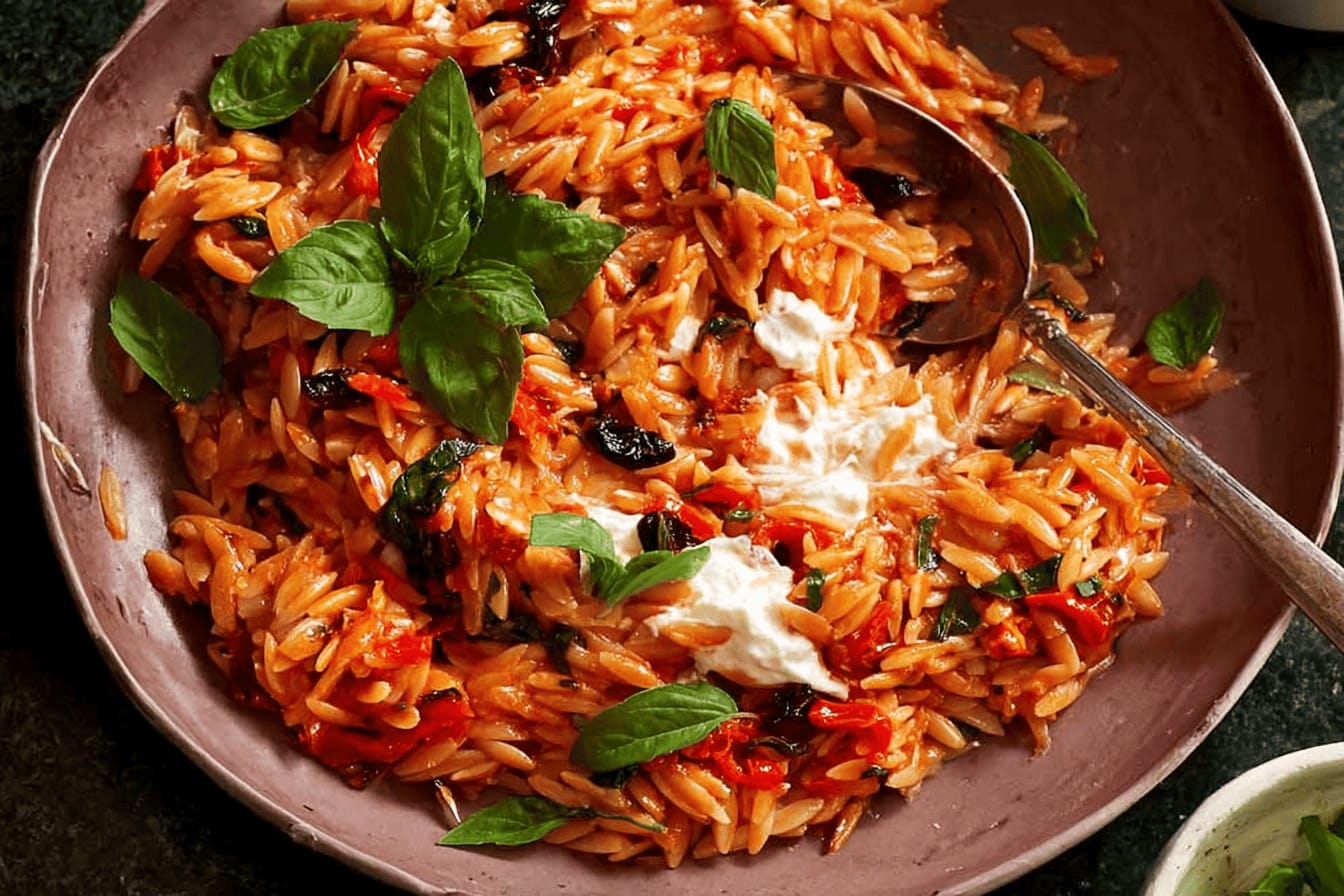 Creamy Goat Cheese Roasted Red Pepper Orzo
