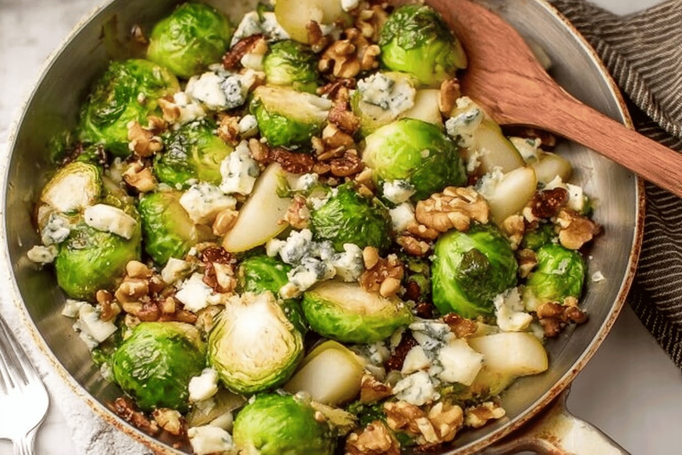 Pear and Blue Cheese Roasted Brussels Sprouts