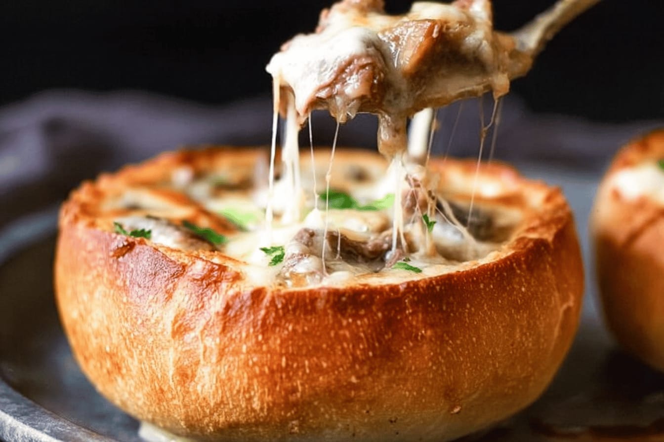 Philly Cheese Steak Soup in Bread Bowls