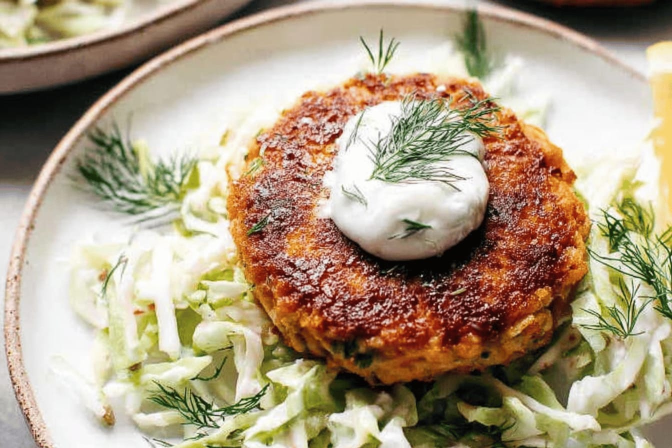 Yummy Salmon Burgers with Crunchy Slaw