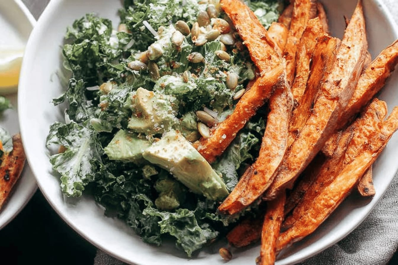 Avocado Kale Caesar Salad with Sweet Potato Fries