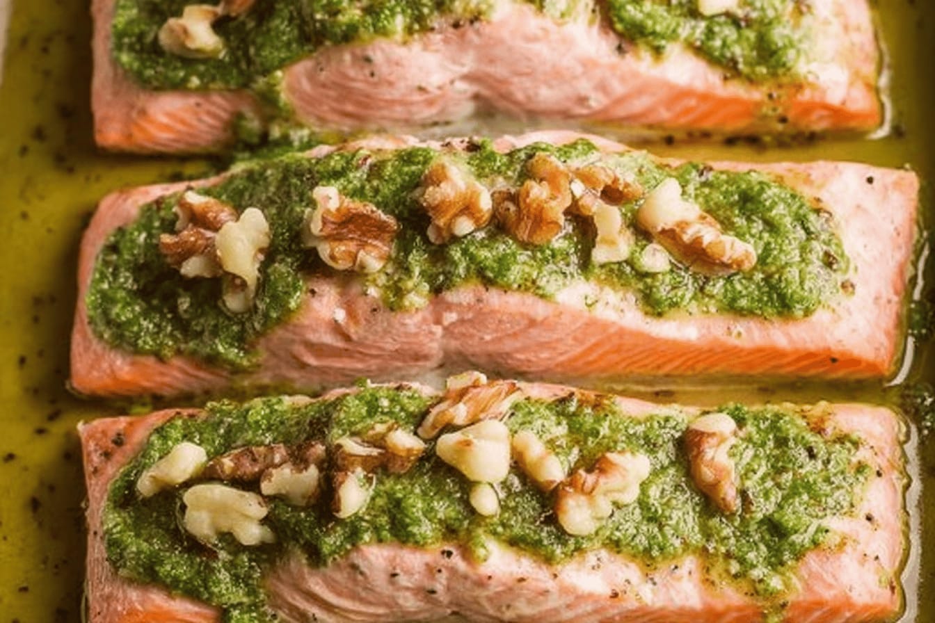 Baked Salmon with Basil Walnut Pesto Recipe