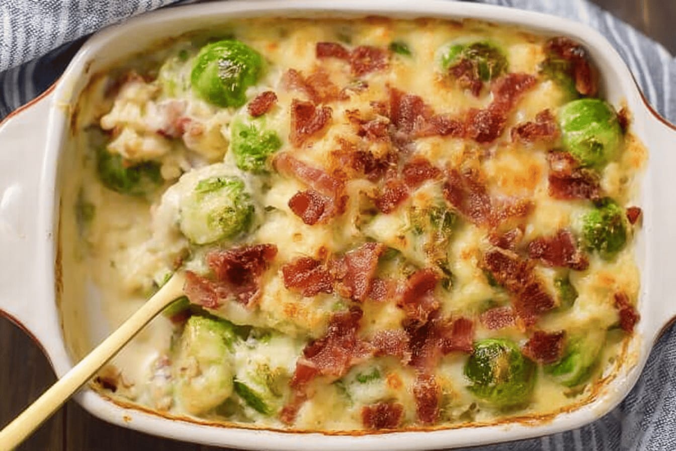 Creamy Brussels Sprout Gratin with Bacon
