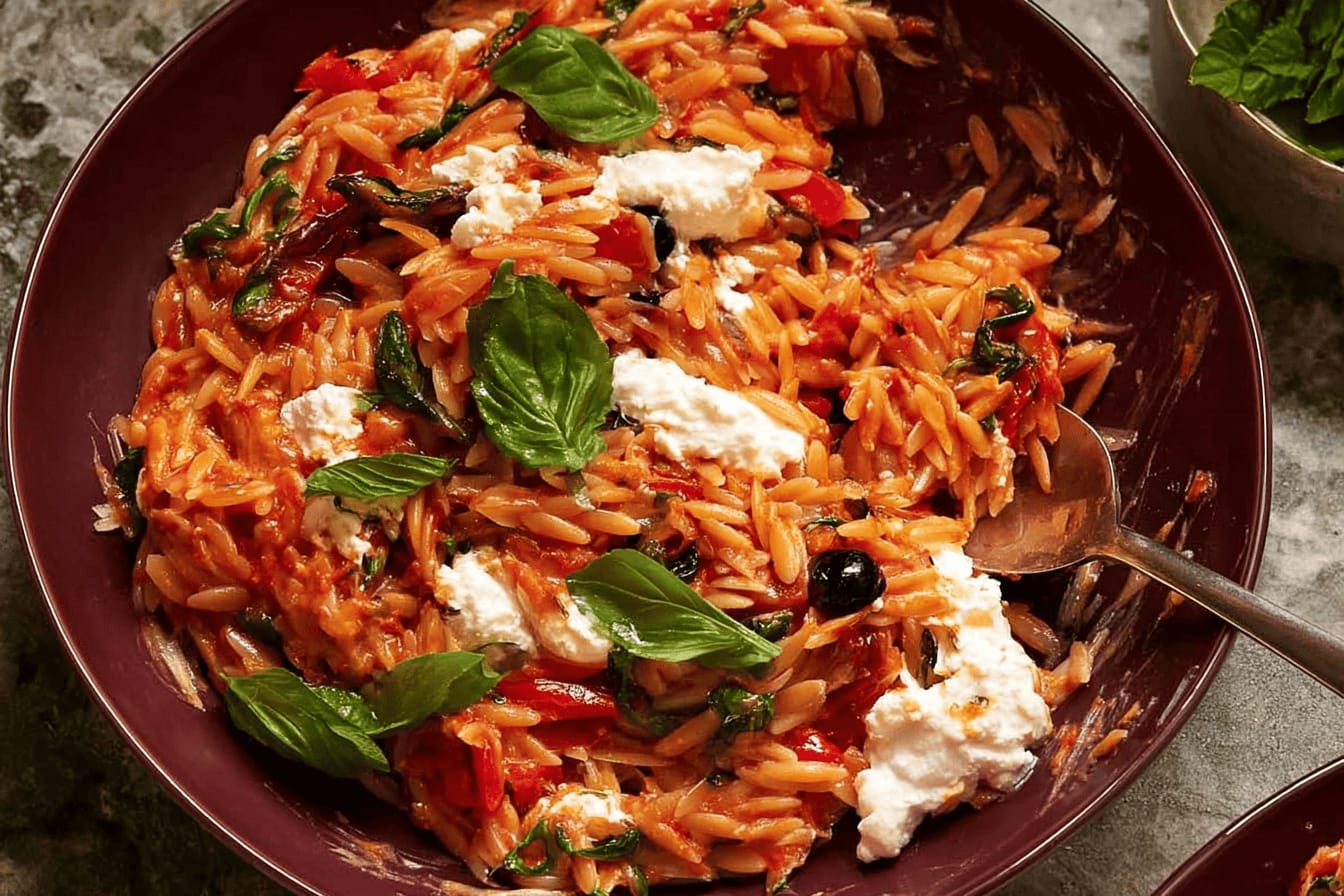 Creamy Goat Cheese Roasted Red Pepper Orzo