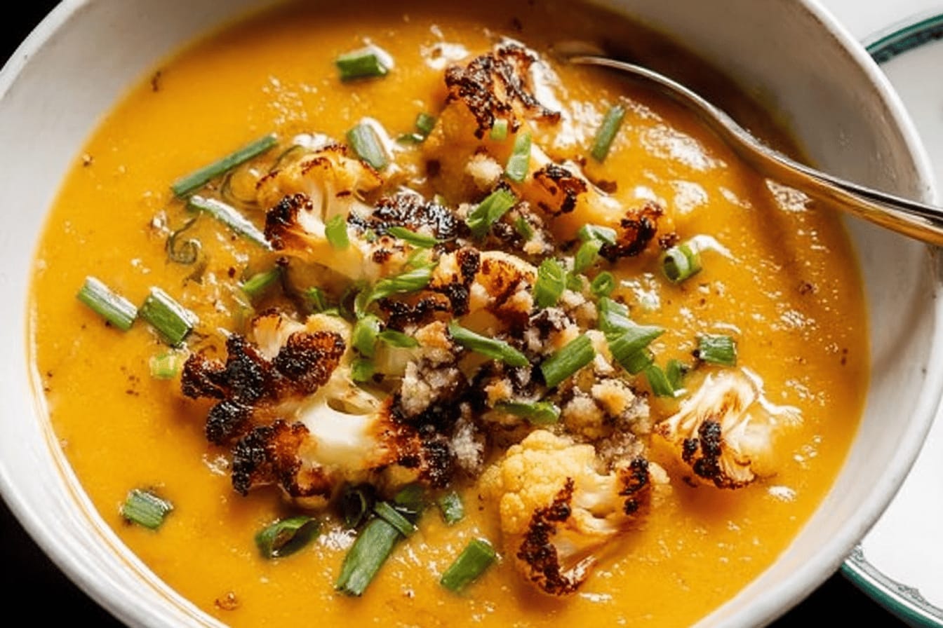 Creamy Sweet Potato Soup with Cauliflower Crumbles