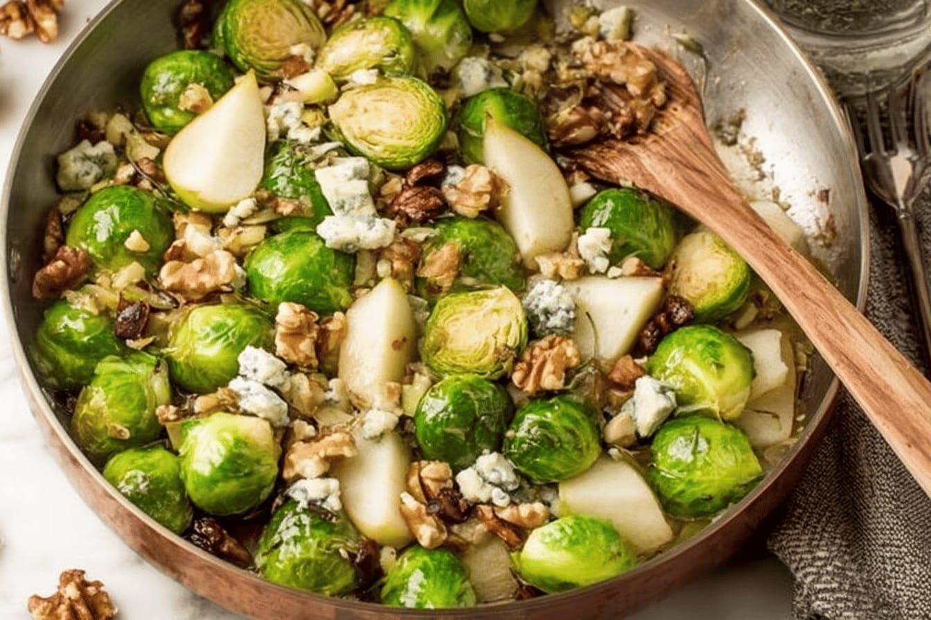 Pear and Blue Cheese Roasted Brussels Sprouts