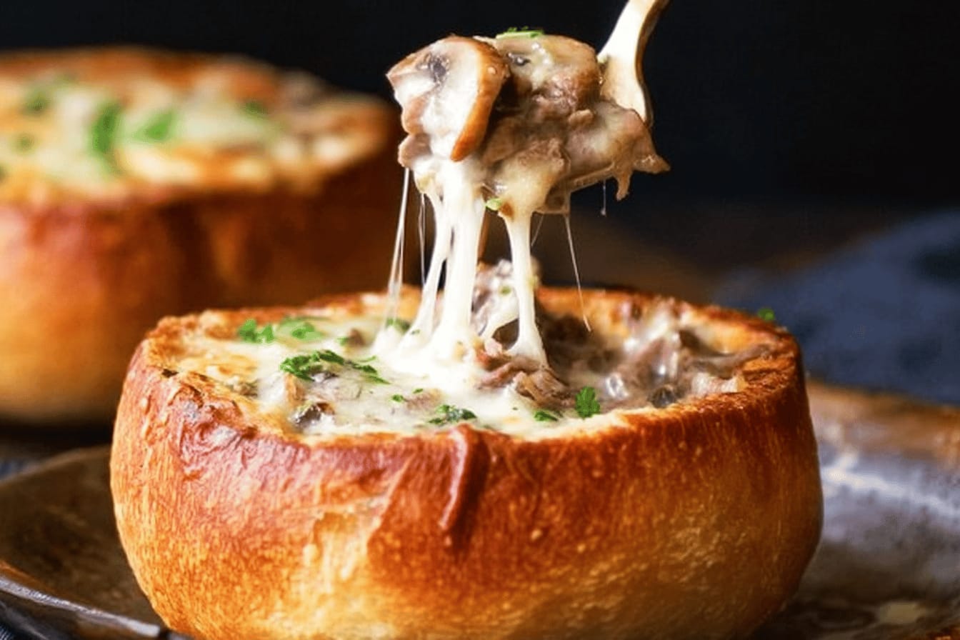 Philly Cheese Steak Soup in Bread Bowls