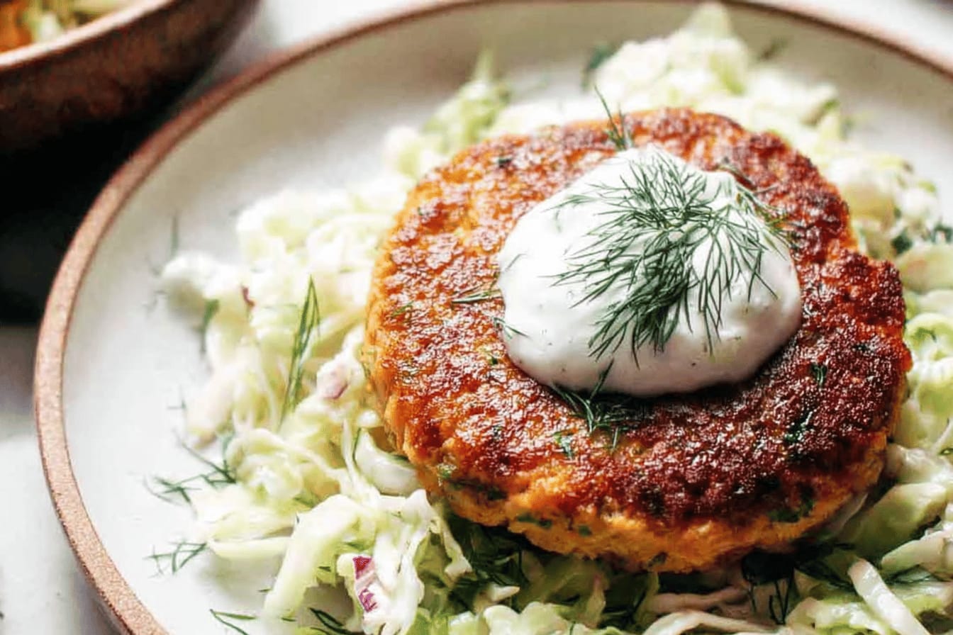 Yummy Salmon Burgers with Crunchy Slaw