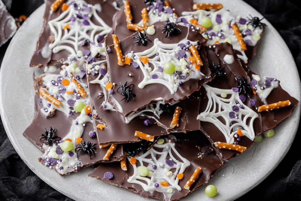 Chocolate Spider Web Halloween Bark Recipe