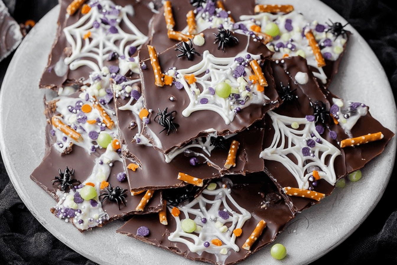 Chocolate Spider Web Halloween Bark Recipe