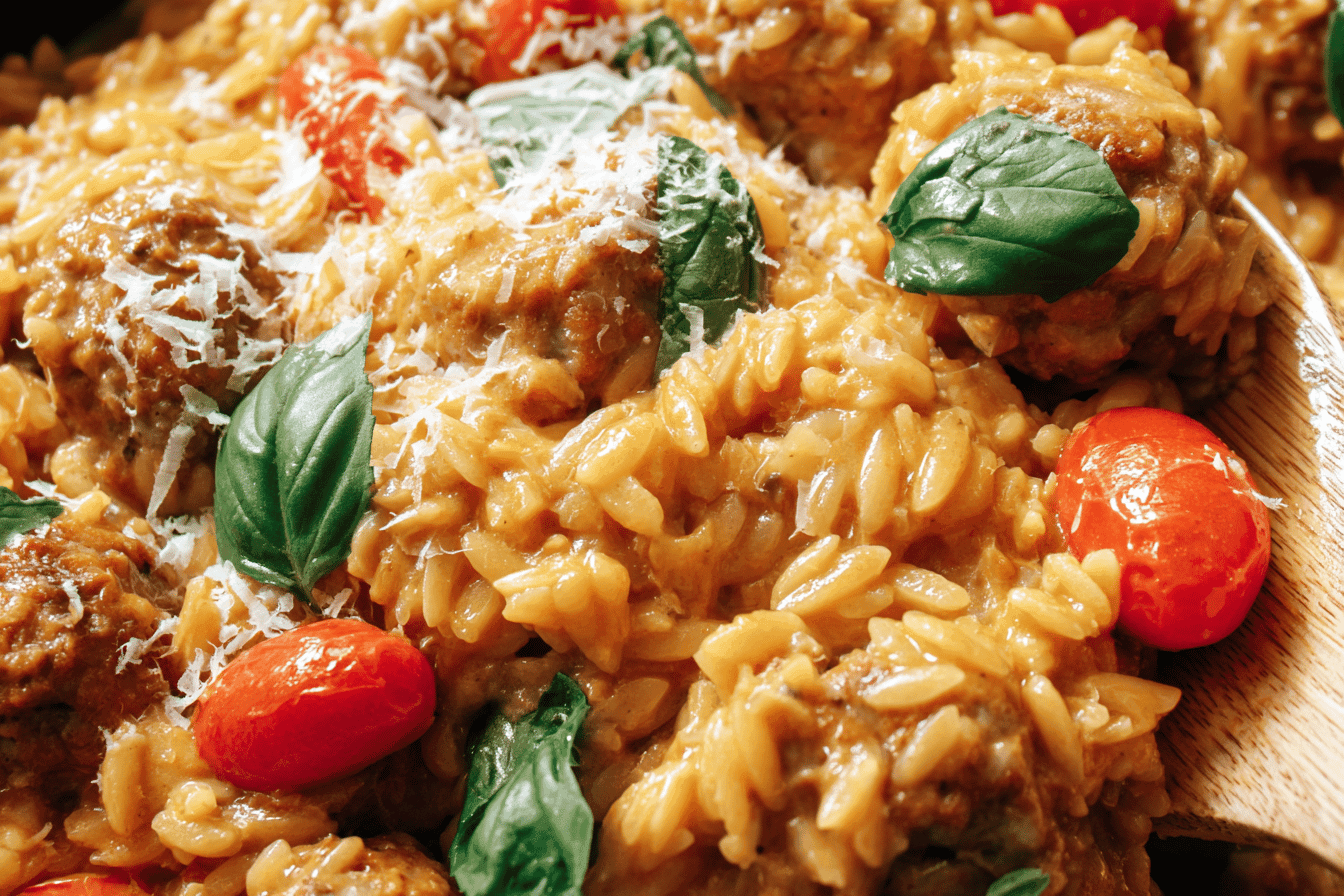 Creamy Baked Orzo with Savory Meatballs