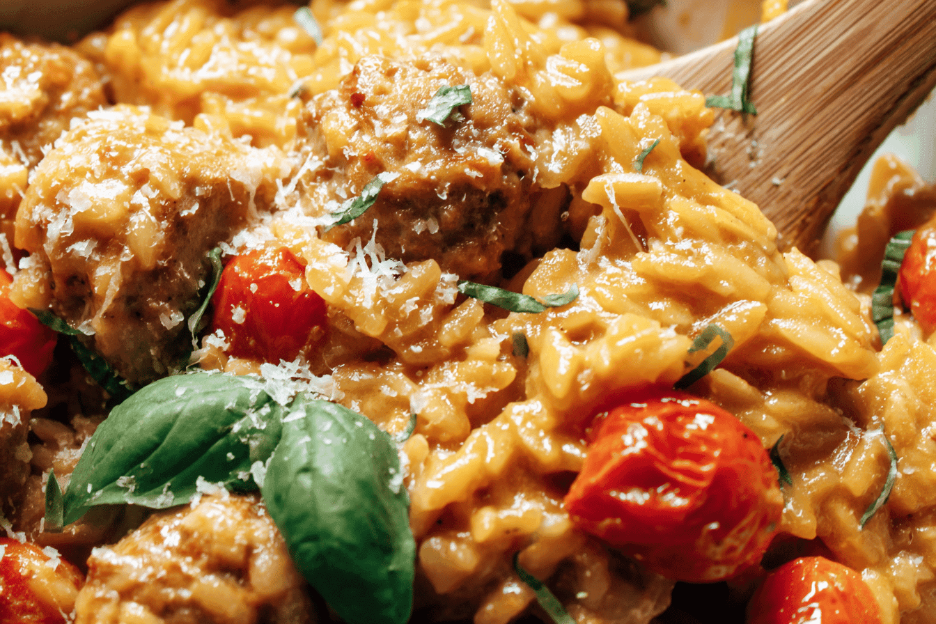 Creamy Baked Orzo with Savory Meatballs