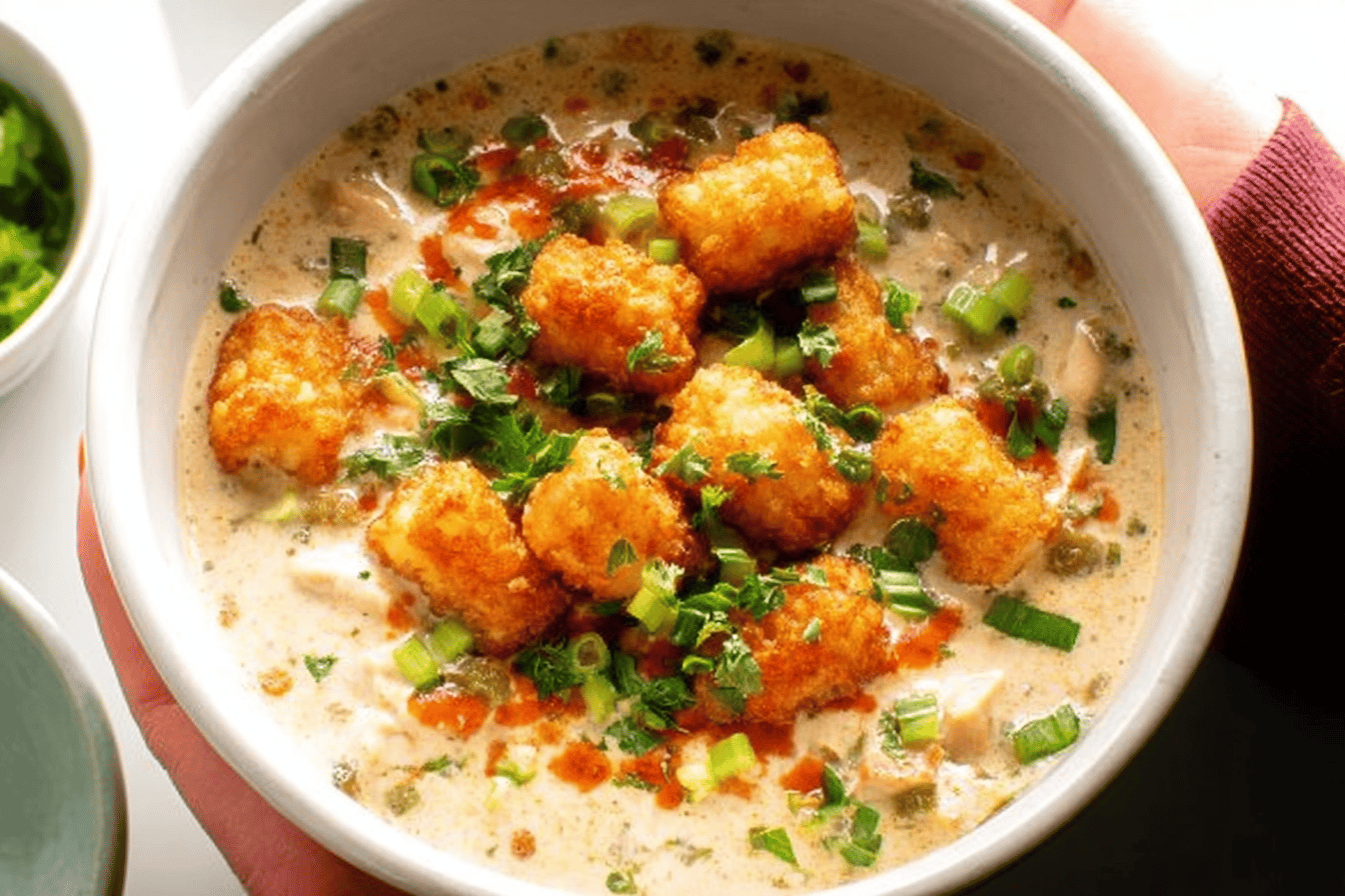 Creamy White Chicken Chili with Tots Recipe