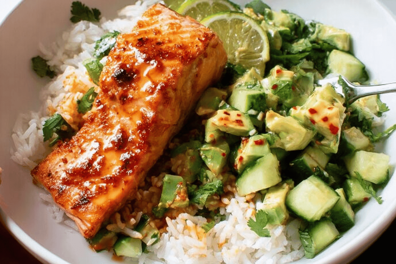 Bang Bang Salmon with Avocado Cucumber Salsa